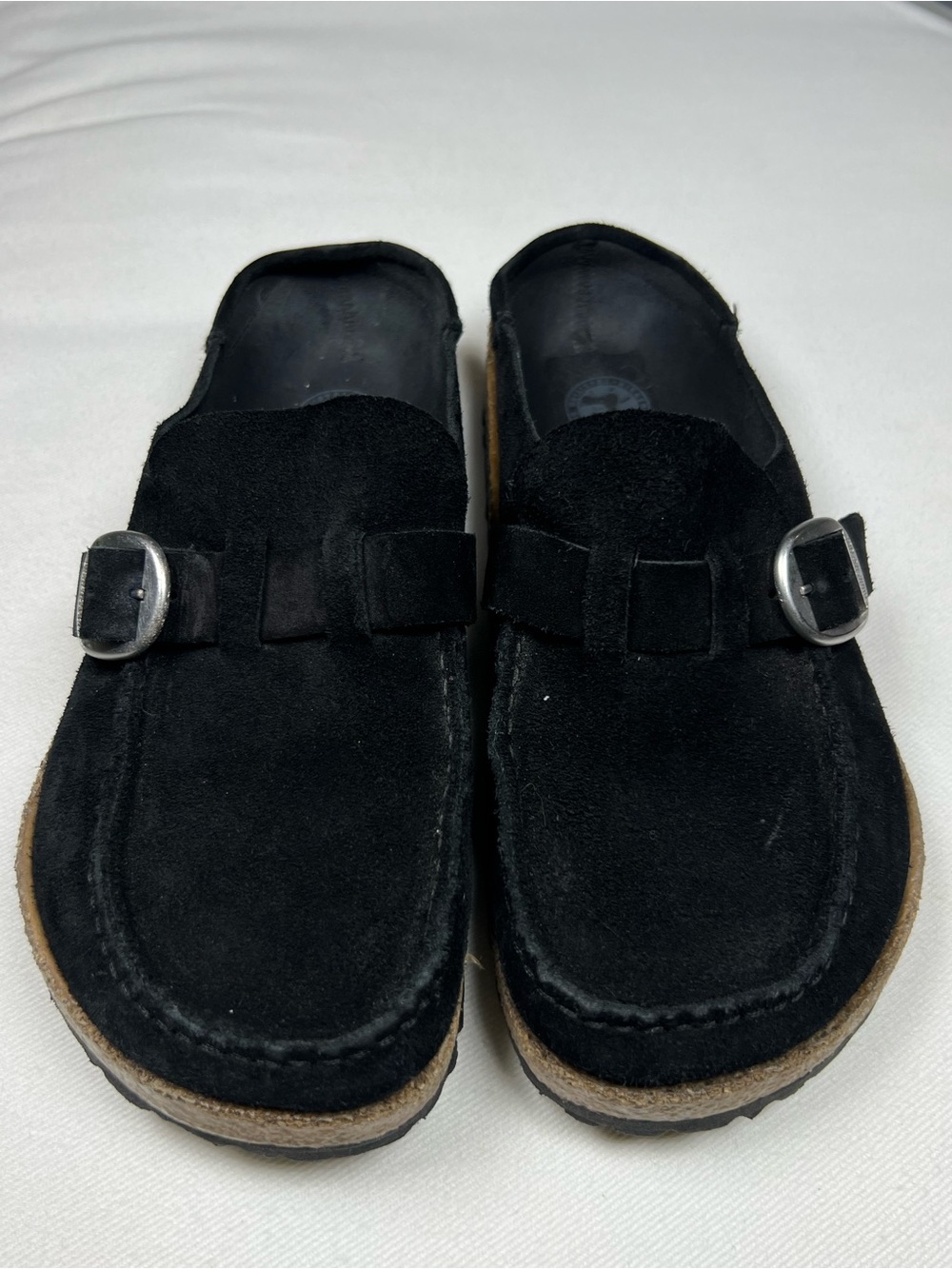Birkenstock Suede Buckley clogs silver buckle cork footbed Black 38/US 7-7.7 - Picture 2 of 6